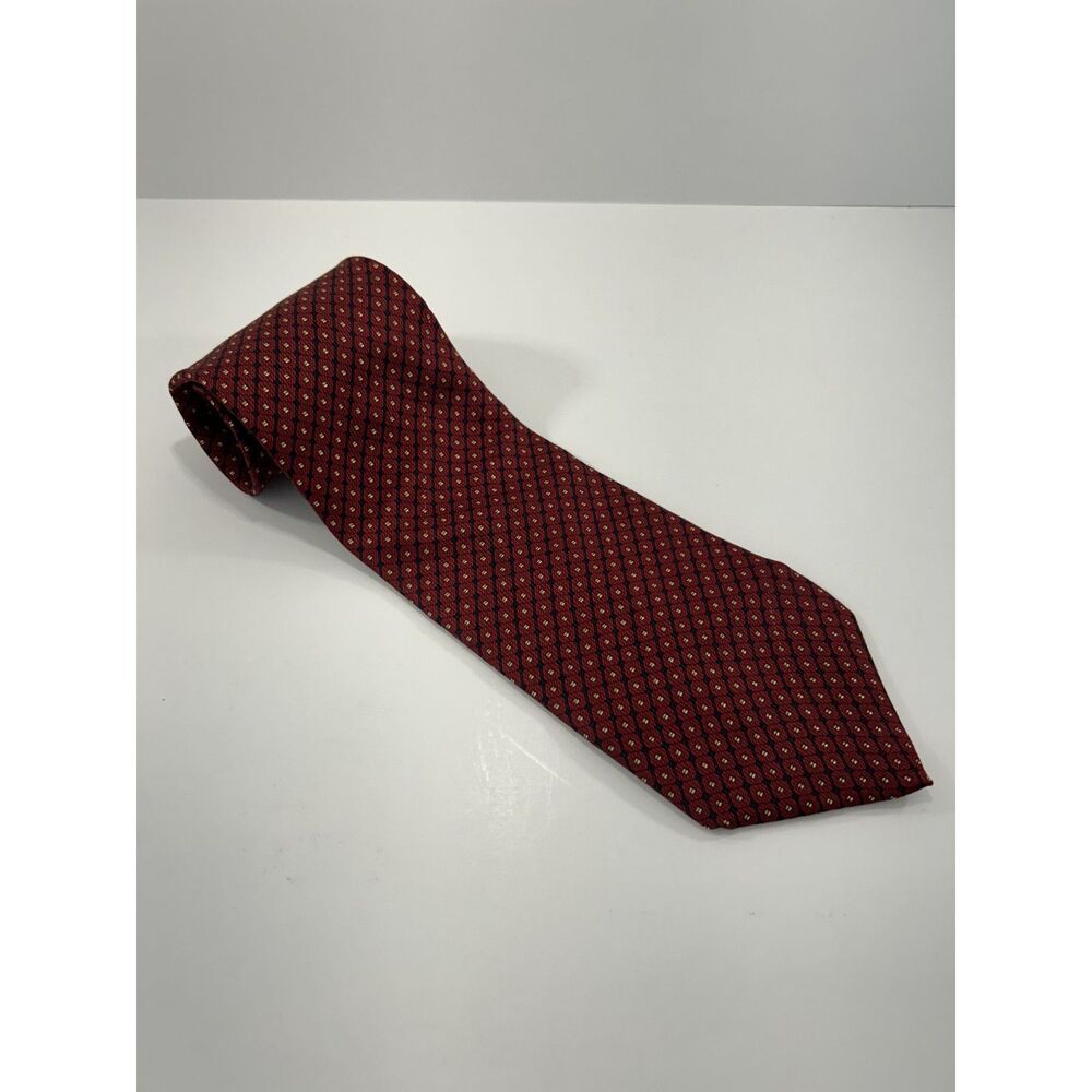 Nautica Men's 100% Silk Tie Burgundy Red Gold Geometric Diamond Pattern